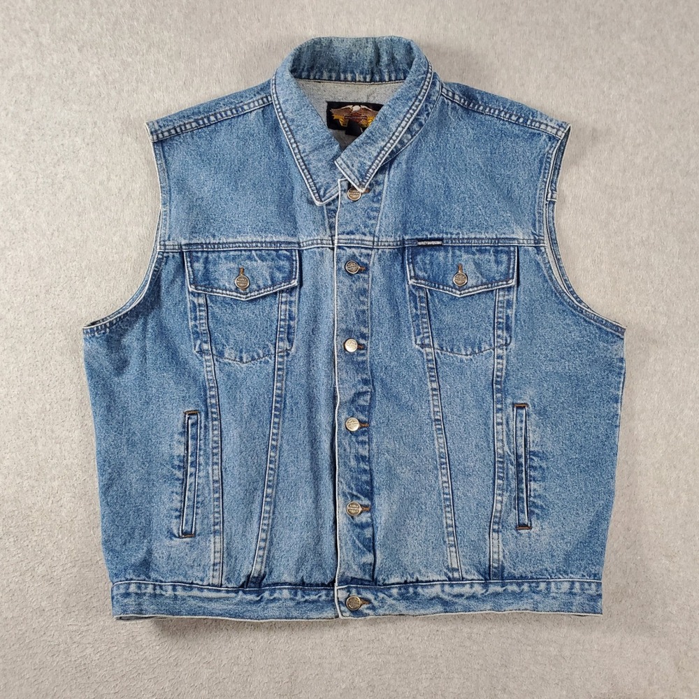 Harley-Davidson Denim Vest Mens Size XL Blue Embroidered Back Logo Biker Vest